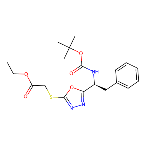 (S)-ethyl 2-((5-(1-((tert-butoxycarbonyl)amino)-2-phenylethyl)-1,3,4-oxadiazol-2-yl)thio)acetate structure