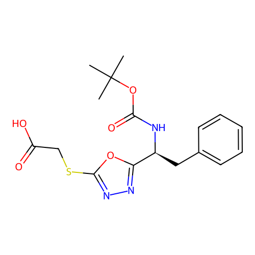 (S)-2-((5-(1-((tert-butoxycarbonyl)amino)-2-phenylethyl)-1,3,4-oxadiazol-2-yl)thio)acetic acid structure