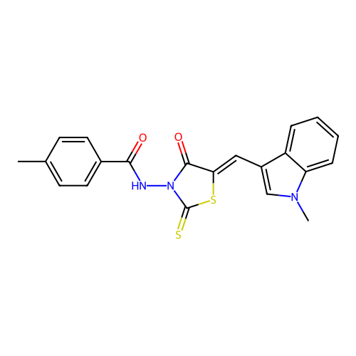 (Z)-4-methyl-N-(5-((1-methyl-1H-indol-3-yl)methylene)-4-oxo-2-thioxothiazolidin-3-yl)benzamide structure