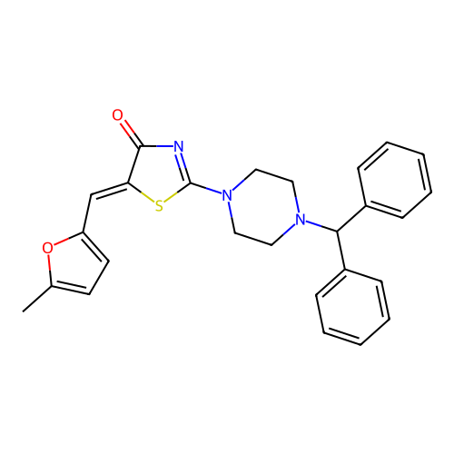 (Z)-2-(4-benzhydrylpiperazin-1-yl)-5-((5-methylfuran-2-yl)methylene)thiazol-4(5H)-one structure