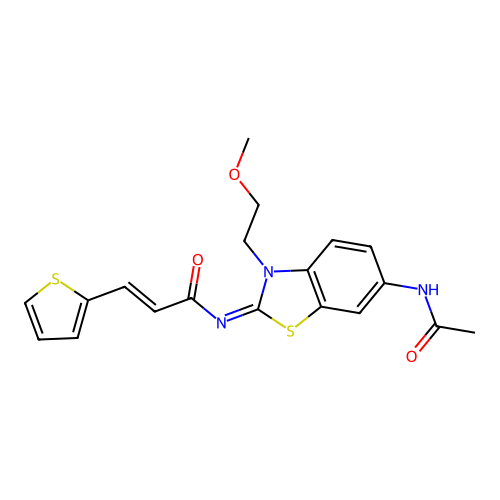 (2E)-N-[(2Z)-6-acetamido-3-(2-methoxyethyl)-2,3-dihydro-1,3-benzothiazol-2-ylidene]-3-(thiophen-2-yl)prop-2-enamide structure