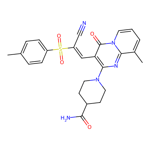 (E)-1-(3-(2-cyano-2-tosylvinyl)-9-methyl-4-oxo-4H-pyrido[1,2-a]pyrimidin-2-yl)piperidine-4-carboxamide structure