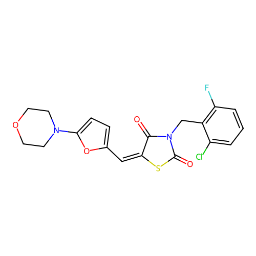 (5E)-3-[(2-chloro-6-fluorophenyl)methyl]-5-[(5-morpholin-4-ylfuran-2-yl)methylidene]-1,3-thiazolidine-2,4-dione structure