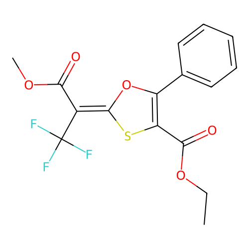 ethyl (2Z)-5-phenyl-2-(1,1,1-trifluoro-3-methoxy-3-oxopropan-2-ylidene)-1,3-oxathiole-4-carboxylate structure