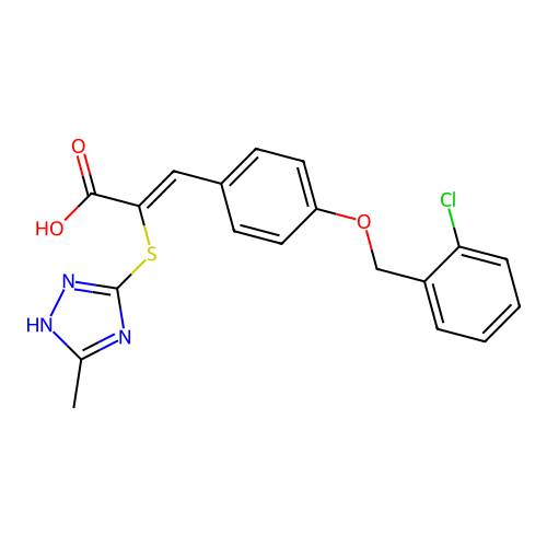 (Z)-3-(4-((2-chlorobenzyl)oxy)phenyl)-2-((5-methyl-4H-1,2,4-triazol-3-yl)thio)acrylic acid structure