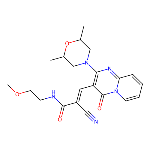 (2E)-2-cyano-3-[2-(2,6-dimethylmorpholin-4-yl)-4-oxo-4H-pyrido[1,2-a]pyrimidin-3-yl]-N-(2-methoxyethyl)prop-2-enamide structure