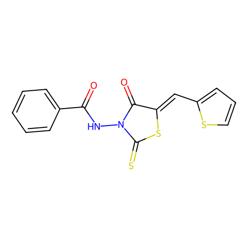 N-[4-oxo-5-(2-thienylmethylene)-2-thioxo(1,3-thiazolidin-3-yl)]benzamide structure
