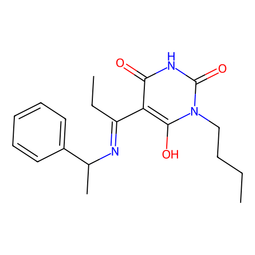 1-butyl-5-[1-(1-phenylethylamino)propylidene]-1,3-diazinane-2,4,6-trione structure