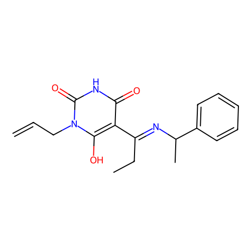 (5E)-5-[1-(1-phenylethylamino)propylidene]-1-prop-2-enyl-1,3-diazinane-2,4,6-trione structure