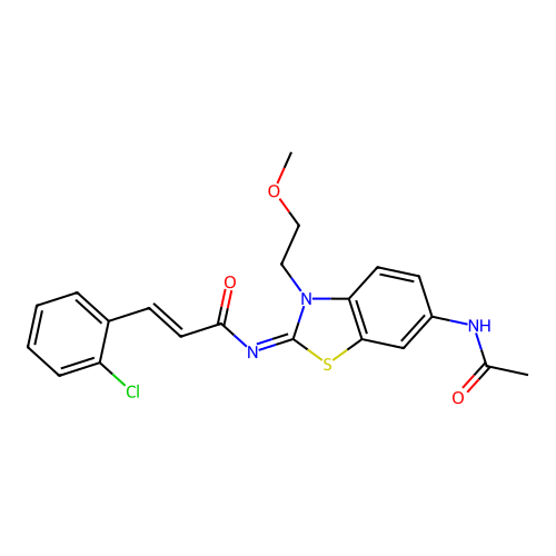 (2E)-3-(2-chlorophenyl)-N-[(2Z)-6-acetamido-3-(2-methoxyethyl)-2,3-dihydro-1,3-benzothiazol-2-ylidene]prop-2-enamide structure
