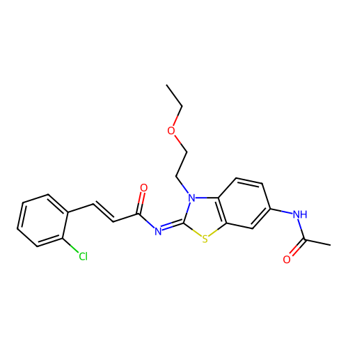 (2E)-3-(2-chlorophenyl)-N-[(2Z)-6-acetamido-3-(2-ethoxyethyl)-2,3-dihydro-1,3-benzothiazol-2-ylidene]prop-2-enamide structure