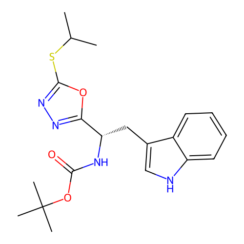 (S)-tert-butyl (2-(1H-indol-3-yl)-1-(5-(isopropylthio)-1,3,4-oxadiazol-2-yl)ethyl)carbamate structure