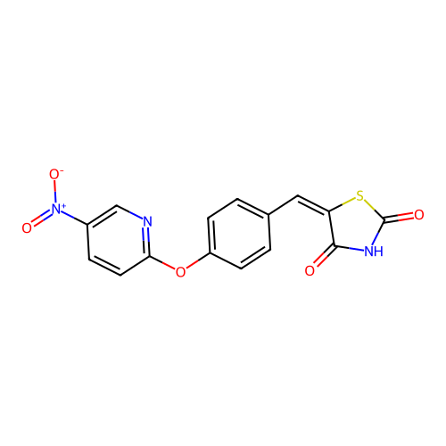 (5E)-5-{4-[(5-nitropyridin-2-yl)oxy]benzylidene}-1,3-thiazolidine-2,4-dione structure