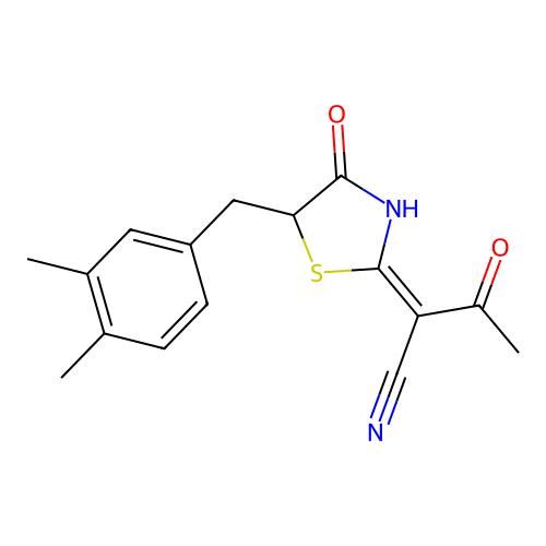 (E)-2-(5-(3,4-dimethylbenzyl)-4-oxothiazolidin-2-ylidene)-3-oxobutanenitrile structure