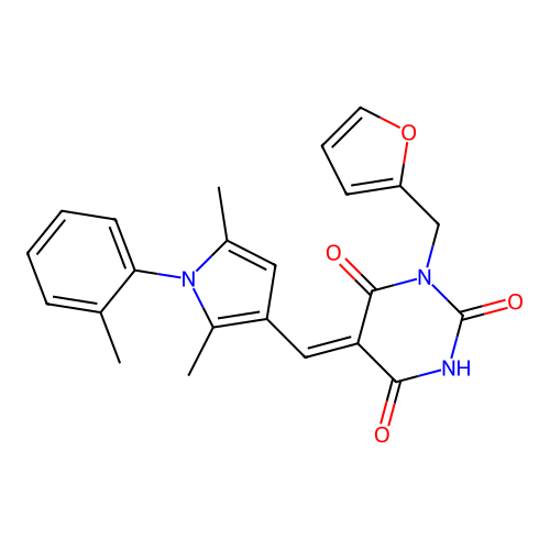 (5Z)-5-[[2,5-dimethyl-1-(2-methylphenyl)pyrrol-3-yl]methylidene]-1-(furan-2-ylmethyl)-1,3-diazinane-2,4,6-trione structure