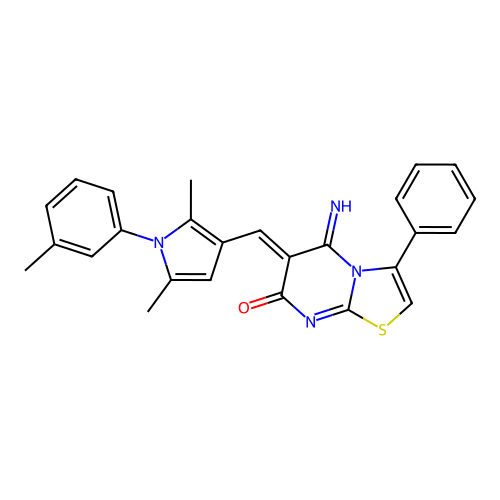 (6Z)-6-[[2,5-dimethyl-1-(3-methylphenyl)pyrrol-3-yl]methylidene]-5-imino-3-phenyl-[1,3]thiazolo[3,2-a]pyrimidin-7-one structure