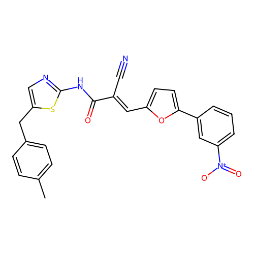 (E)-2-cyano-N-(5-(4-methylbenzyl)thiazol-2-yl)-3-(5-(3-nitrophenyl)furan-2-yl)acrylamide structure
