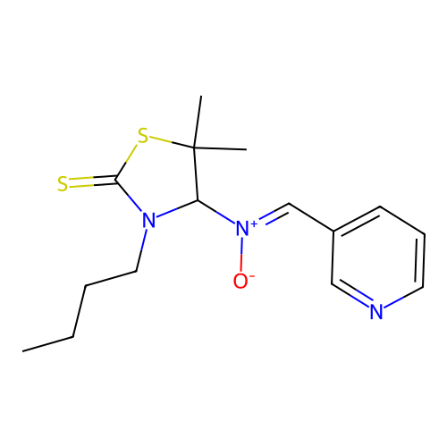 (Z)-3-butyl-5,5-dimethyl-N-(pyridin-3-ylmethylene)-2-thioxothiazolidin-4-amine oxide structure