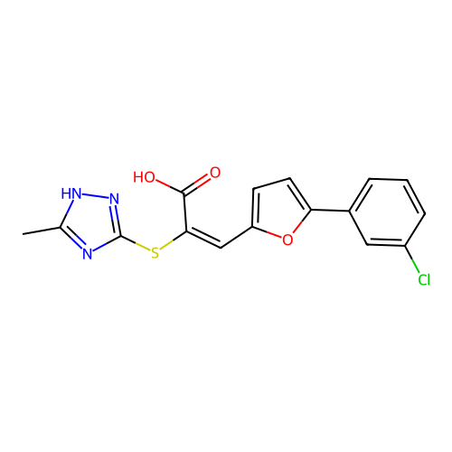 (E)-3-(5-(3-chlorophenyl)furan-2-yl)-2-((5-methyl-4H-1,2,4-triazol-3-yl)thio)acrylic acid structure