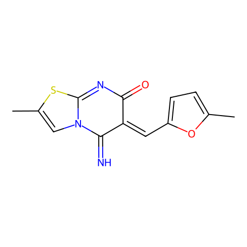 (6Z)-5-imino-2-methyl-6-[(5-methylfuran-2-yl)methylidene]-[1,3]thiazolo[3,2-a]pyrimidin-7-one structure