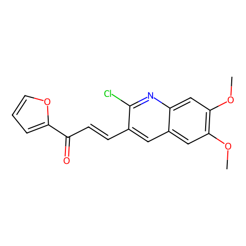 (E)-3-(2-chloro-6,7-dimethoxyquinolin-3-yl)-1-(furan-2-yl)prop-2-en-1-one structure