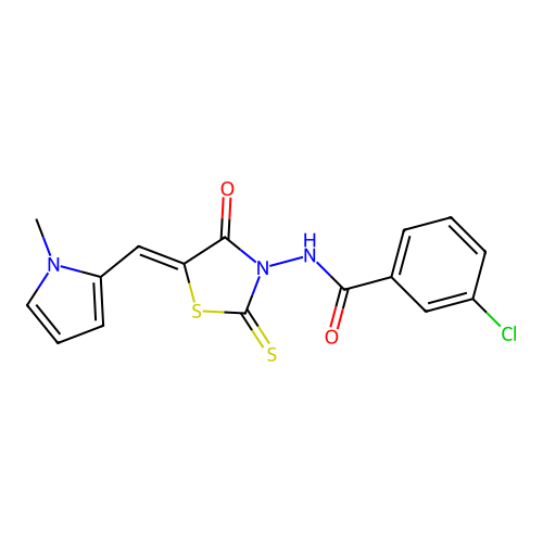 (Z)-3-chloro-N-(5-((1-methyl-1H-pyrrol-2-yl)methylene)-4-oxo-2-thioxothiazolidin-3-yl)benzamide structure