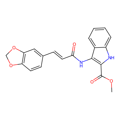 (E)-methyl 3-(3-(benzo[d][1,3]dioxol-5-yl)acrylamido)-1H-indole-2-carboxylate structure