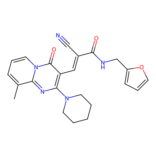 (2E)-2-cyano-N-(furan-2-ylmethyl)-3-[9-methyl-4-oxo-2-(piperidin-1-yl)-4H-pyrido[1,2-a]pyrimidin-3-yl]prop-2-enamide structure