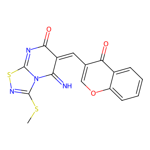 (6E)-5-imino-3-methylsulfanyl-6-[(4-oxochromen-3-yl)methylidene]-[1,2,4]thiadiazolo[4,5-a]pyrimidin-7-one structure