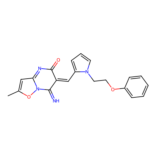 (6Z)-7-imino-2-methyl-6-[[1-(2-phenoxyethyl)pyrrol-2-yl]methylidene]-[1,2]oxazolo[2,3-a]pyrimidin-5-one structure