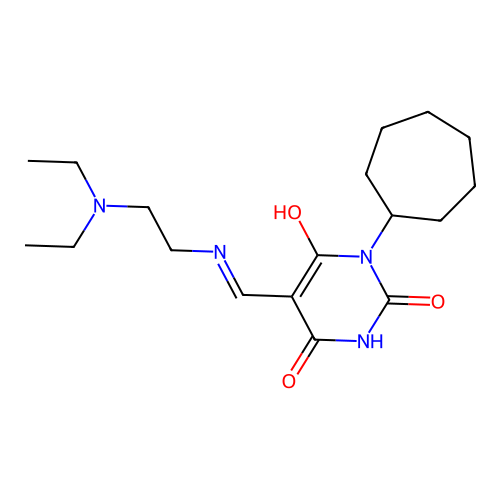 (E)-1-cycloheptyl-5-(((2-(diethylamino)ethyl)amino)methylene)pyrimidine-2,4,6(1H,3H,5H)-trione structure