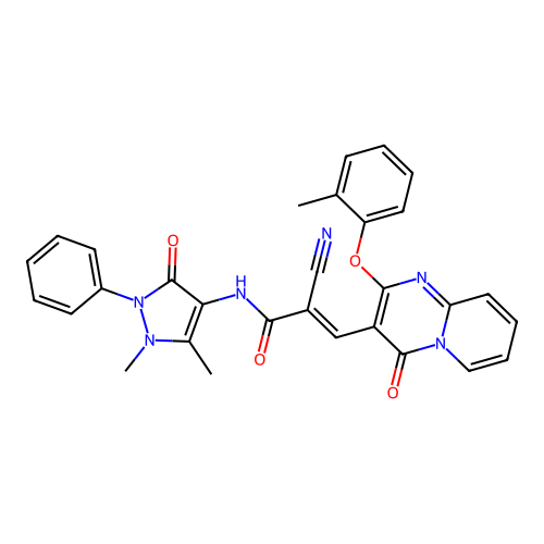 (2E)-2-cyano-N-(1,5-dimethyl-3-oxo-2-phenyl-2,3-dihydro-1H-pyrazol-4-yl)-3-[2-(2-methylphenoxy)-4-oxo-4H-pyrido[1,2-a]pyrimidin-3-yl]prop-2-enamide structure