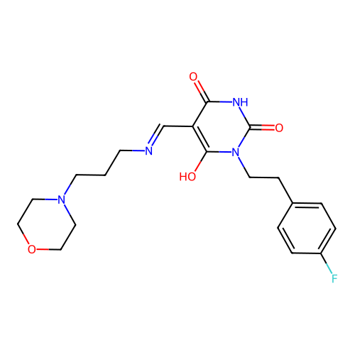 (5E)-1-[2-(4-fluorophenyl)ethyl]-5-[(3-morpholin-4-ylpropylamino)methylidene]-1,3-diazinane-2,4,6-trione structure