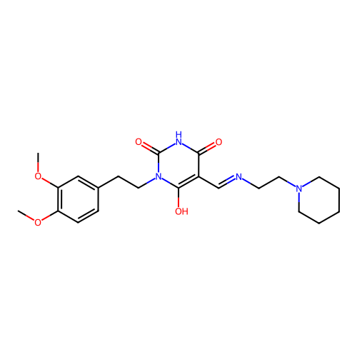 (5E)-1-[2-(3,4-dimethoxyphenyl)ethyl]-5-[(2-piperidin-1-ylethylamino)methylidene]-1,3-diazinane-2,4,6-trione structure