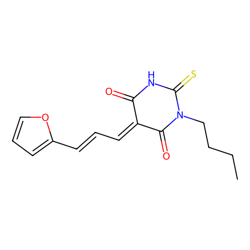 1-Butyl-5-[(E)-3-furan-2-yl-prop-2-en-(E)-ylidene]-2-thioxo-dihydro-pyrimidine-4,6-dione structure