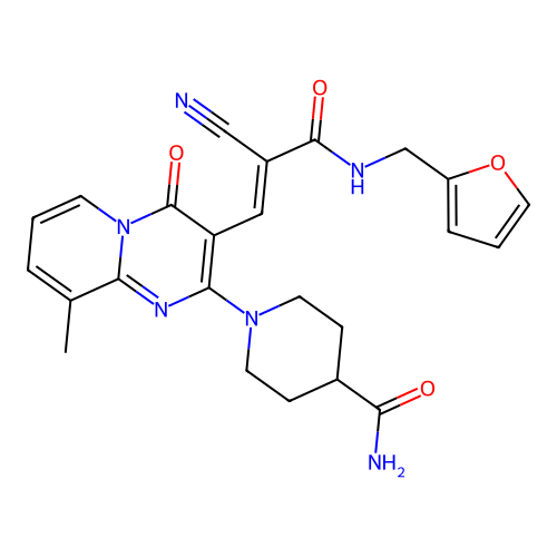 1-(3-{(1E)-2-cyano-3-[(furan-2-ylmethyl)amino]-3-oxoprop-1-en-1-yl}-9-methyl-4-oxo-4H-pyrido[1,2-a]pyrimidin-2-yl)piperidine-4-carboxamide structure