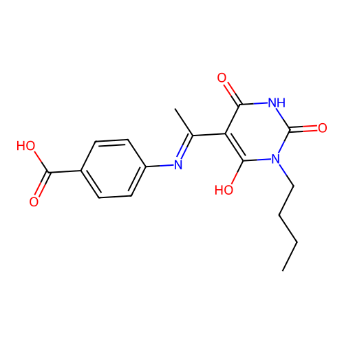 (E)-4-((1-(1-butyl-2,4,6-trioxotetrahydropyrimidin-5(2H)-ylidene)ethyl)amino)benzoic acid structure