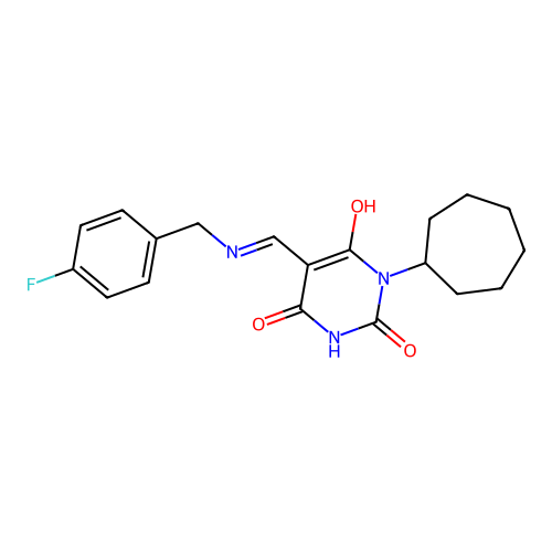 (E)-1-cycloheptyl-5-(((4-fluorobenzyl)amino)methylene)pyrimidine-2,4,6(1H,3H,5H)-trione structure