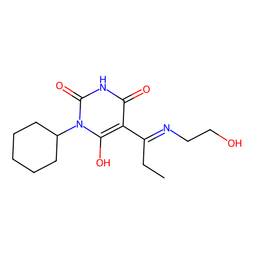 (E)-1-cyclohexyl-5-(1-((2-hydroxyethyl)amino)propylidene)pyrimidine-2,4,6(1H,3H,5H)-trione structure