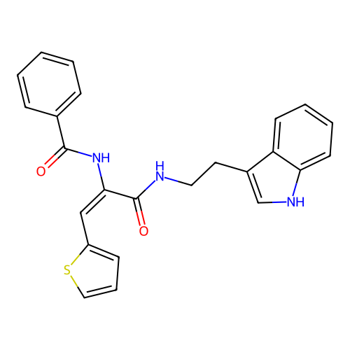N-{(E)-1-[2-(1H-Indol-3-yl)-ethylcarbamoyl]-2-thiophen-2-yl-vinyl}-benzamide structure