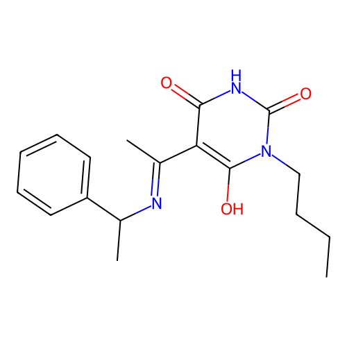 (Z)-1-butyl-5-(1-((1-phenylethyl)amino)ethylidene)pyrimidine-2,4,6(1H,3H,5H)-trione structure
