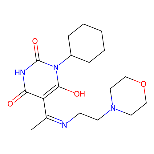 1-cyclohexyl-5-[1-(2-morpholin-4-ylethylamino)ethylidene]-1,3-diazinane-2,4,6-trione structure