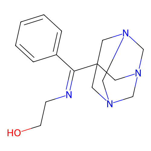 2-((E)-((1s,3s,5s)-1,3,5-triazaadamantan-7-yl(phenyl)methylene)amino)ethanol structure