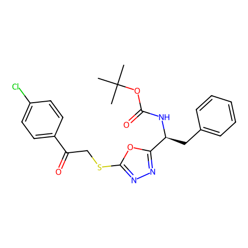 ((S)-1-{5-[2-(4-Chloro-phenyl)-2-oxo-ethylsulfanyl]-[1,3,4]oxadiazol-2-yl}-2-phenyl-ethyl)-carbamic acid  tert-butyl ester structure