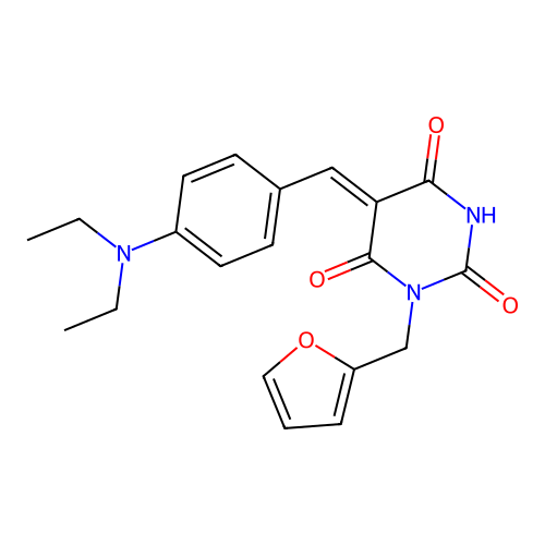 (Z)-5-(4-(diethylamino)benzylidene)-1-(furan-2-ylmethyl)pyrimidine-2,4,6(1H,3H,5H)-trione structure