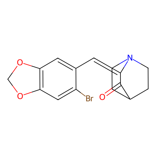 (2E)-2-[(6-bromo-1,3-benzodioxol-5-yl)methylidene]-1-azabicyclo[2.2.2]octan-3-one structure