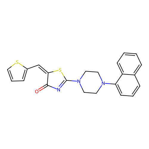 2-[4-(1-naphthyl)-1-piperazinyl]-5-(2-thienylmethylene)-1,3-thiazol-4(5H)-one structure