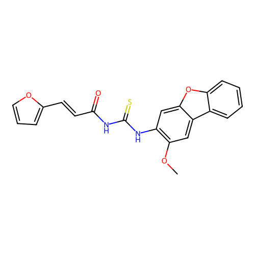1-((E)-3-Furan-2-yl-acryloyl)-3-(2-methoxy-dibenzofuran-3-yl)-thiourea structure