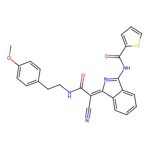 N-[(3Z)-3-[1-cyano-2-[2-(4-methoxyphenyl)ethylamino]-2-oxoethylidene]isoindol-1-yl]thiophene-2-carboxamide structure