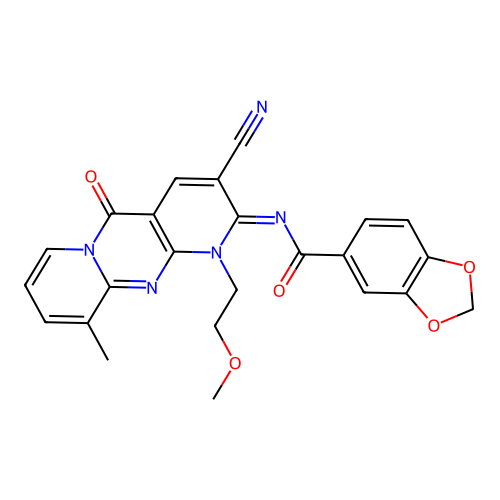 (E)-N-(3-cyano-1-(2-methoxyethyl)-10-methyl-5-oxo-1H-dipyrido[1,2-a:2',3'-d]pyrimidin-2(5H)-ylidene)benzo[d][1,3]dioxole-5-carboxamide structure